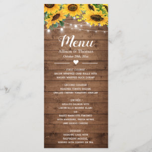 Rustic Sunflowers String Lights Wedding Menu