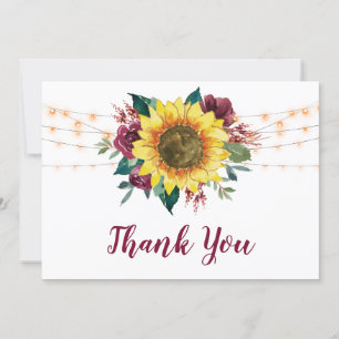 Rustic Sunflowers String Lights Wedding Thank You Card