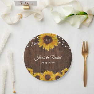 Rustic Sunflowers String Lights Wood Bridal Shower Paper Plate