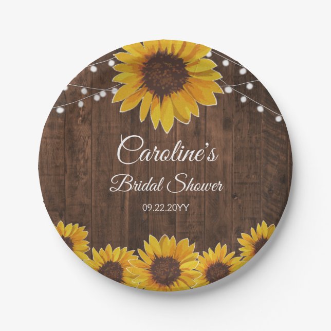 Rustic Sunflowers String Lights Wood Bridal Shower Paper Plate (Front)