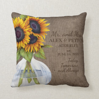 Rustic Sunflowers Vase Burlap Wedding Date Throw Pillow