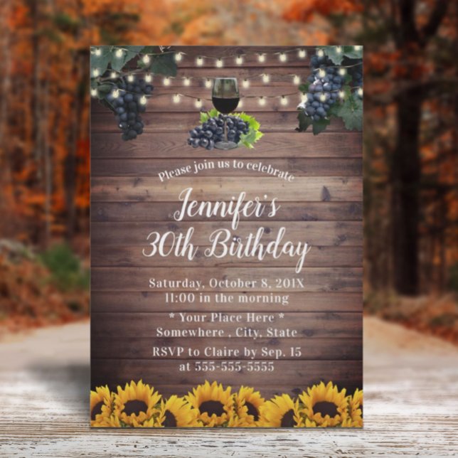 Rustic Sunflowers Vineyard Wine 30th Birthday Invitation (Creator Uploaded)