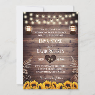 Rustic Sunflowers Vintage Lantern Fall Wedding Invitation