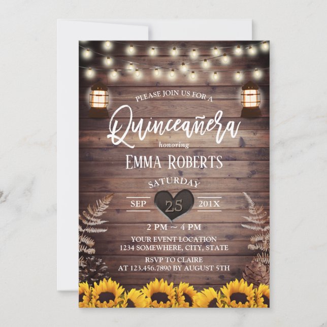 Rustic Sunflowers Vintage Lantern Quinceanera 15 Invitation (Front)