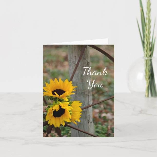 Rustic Sunflowers Wagon Wheel Western Thank You Card (Front)