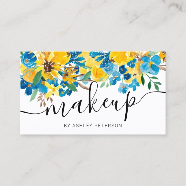 Rustic sunflowers watercolor floral script makeup business card (Front)