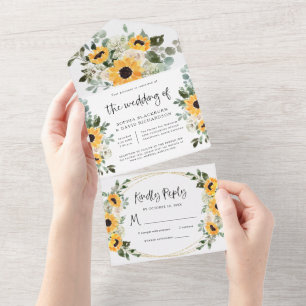 Rustic Sunflowers Watercolor Floral Wedding All In One Invitation