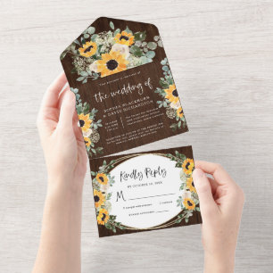 Rustic Sunflowers Watercolor Floral Wedding All In One Invitation