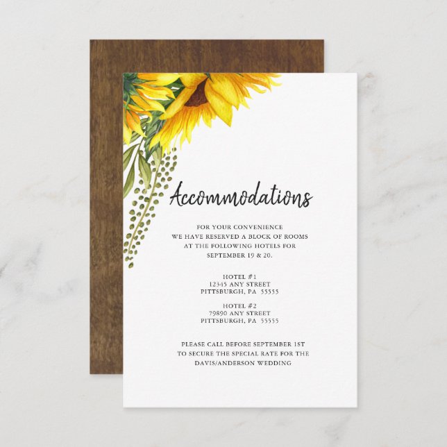 Rustic Sunflowers | Wedding Accommodations Enclosure Card (Front/Back)
