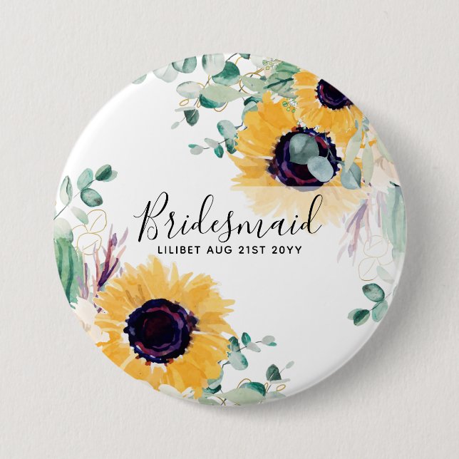 Rustic Sunflowers Wedding Bridal Party Bridesmaid 3 Inch Round Button (Front)