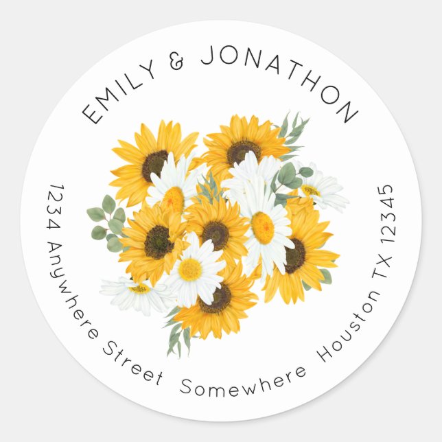 Rustic Sunflowers Wedding Return Name Address Classic Round Sticker (Front)