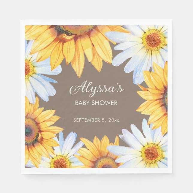 Rustic Sunflowers White Daisies Brown Baby Shower Napkin (Front)