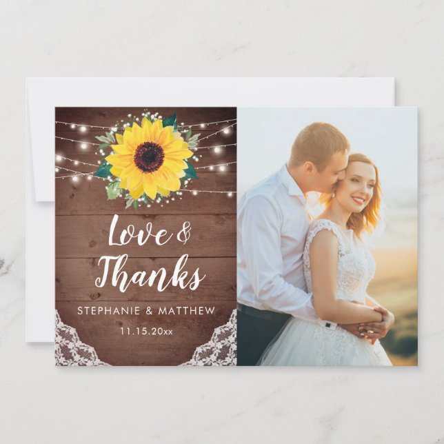 Rustic Sunflowers White Floral Wedding Photo Thank You Card (Front)