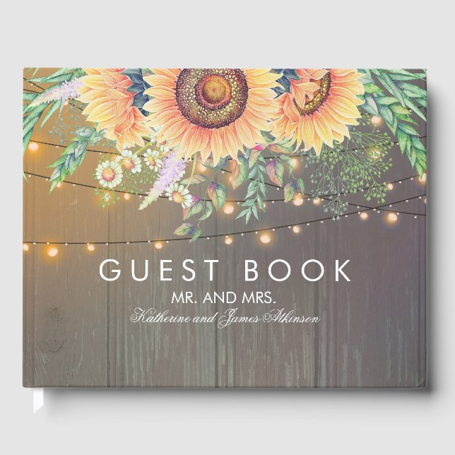 Rustic Sunflowers Wood and String Lights Wedding Guest Book (Front)