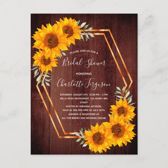 Rustic sunflowers wood geometrical Bridal Shower Postcard (Front)