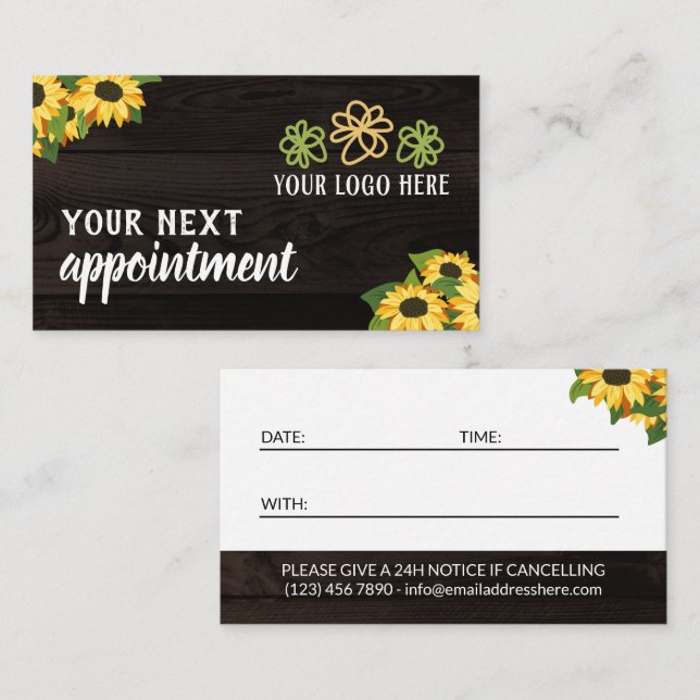 Rustic Sunflowers Wood Grain Your Logo Appointment Card (Front/Back)