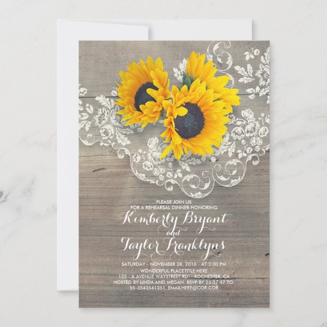 Rustic Sunflowers Wood Lace Rehearsal Dinner Invitation (Front)