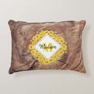 Rustic Sunflowers & Wood Texture Monogram Accent Pillow