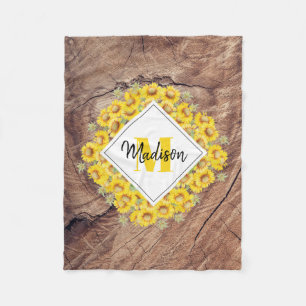 Rustic Sunflowers & Wood Texture Monogram Fleece Blanket