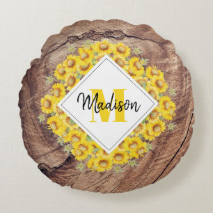 Rustic Sunflowers & Wood Texture Monogram Round Pillow