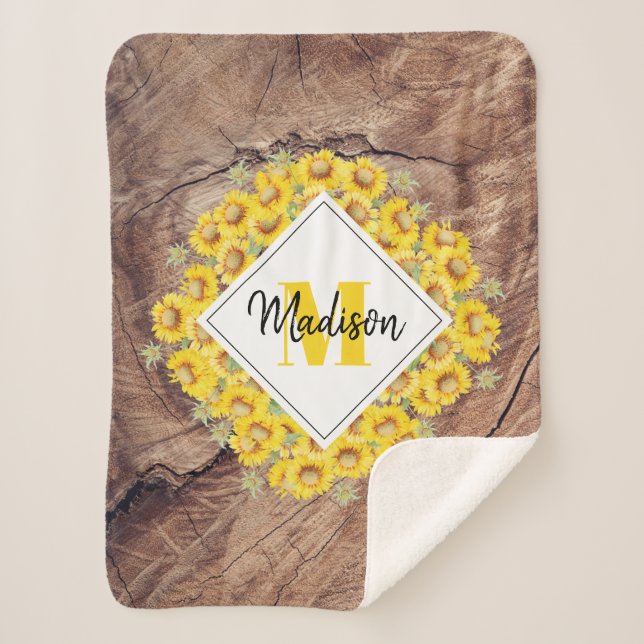 Rustic Sunflowers & Wood Texture Monogram Sherpa Blanket (Front)