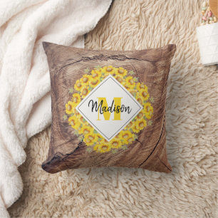 Rustic Sunflowers & Wood Texture Monogram Throw Pillow