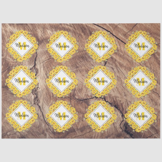 Rustic Sunflowers & Wood Texture Monogram Tissue Paper (Front)