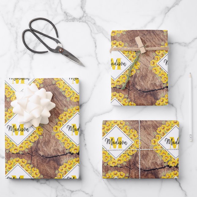 Rustic Sunflowers & Wood Texture Monogram  Wrapping Paper Sheet (Front)