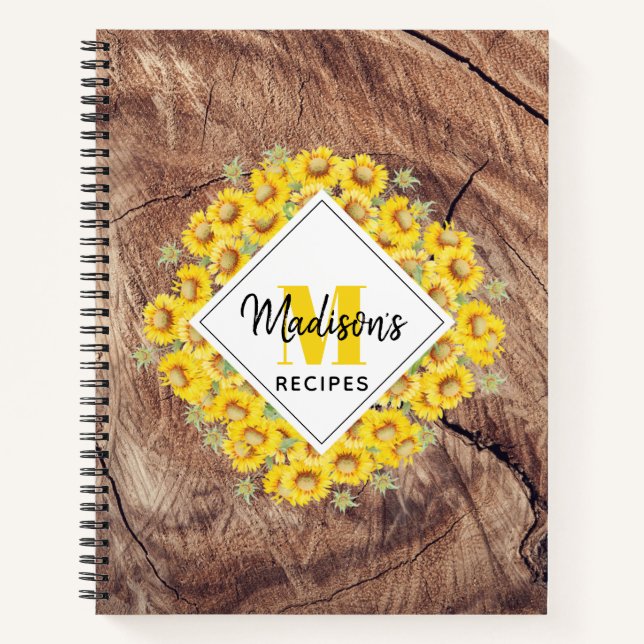 Rustic Sunflowers & Wood Texture Recipe Cookbook Notebook (Front)