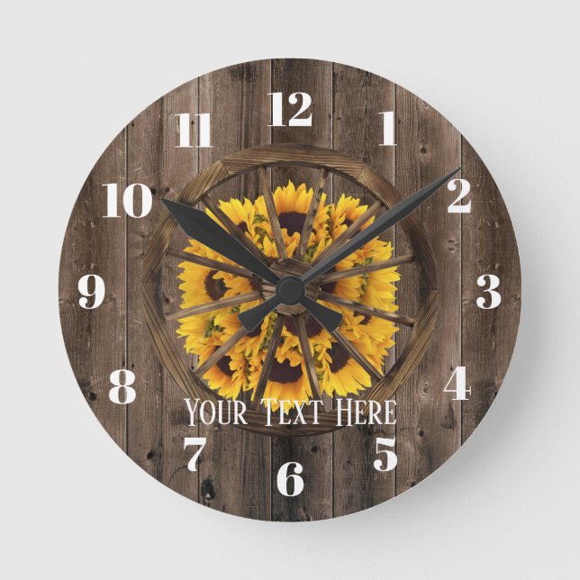 Rustic Sunflowers & Wood Wheel Country Round Clock (Front)