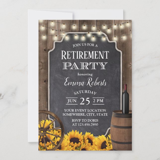 Rustic Sunflowers Wood Wine Barrel Retirement Invitation (Front)