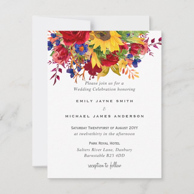 Rustic Sunflowers Yellow Red Blue Floral Wedding Holiday Card (Front)