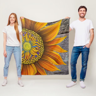Rustic Sunny Sunflower on Barn Board Fleece Blanket