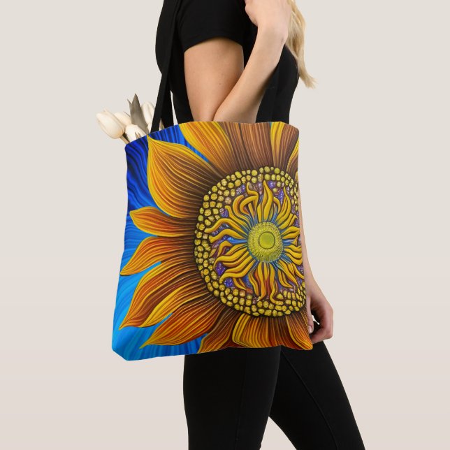 Rustic Sunny Sunflower on Blue Tote Bag (Close Up)