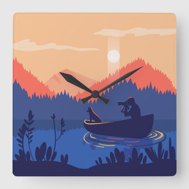 Rustic Sunset Fishing Scene Square Wall Clock (Front)
