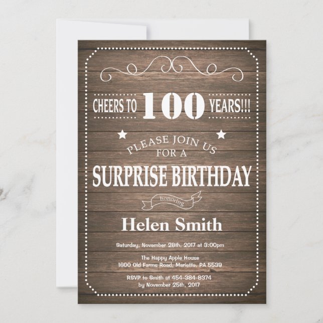Rustic Surprise 100th Birthday Invitation (Front)