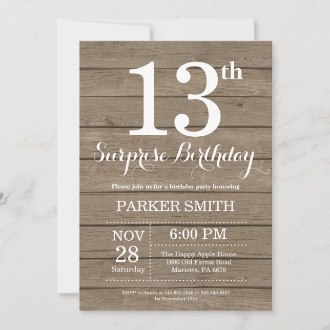 Rustic Surprise 13th Birthday Invitation (Front)