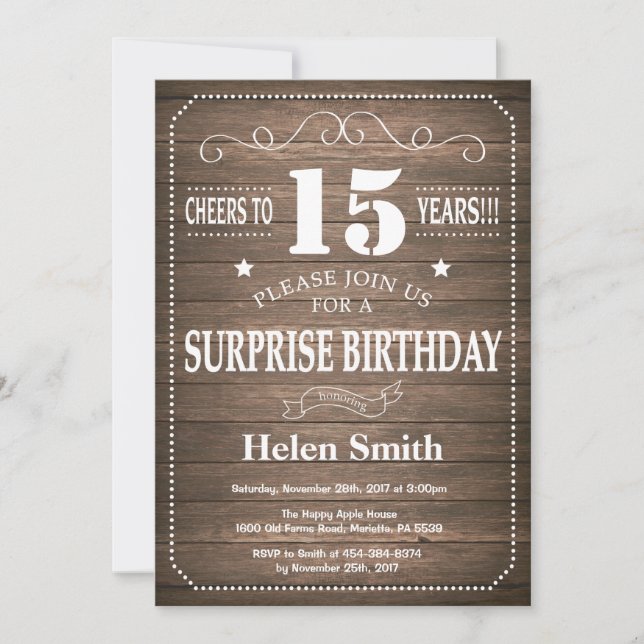 Rustic Surprise 15th Birthday Invitation (Front)