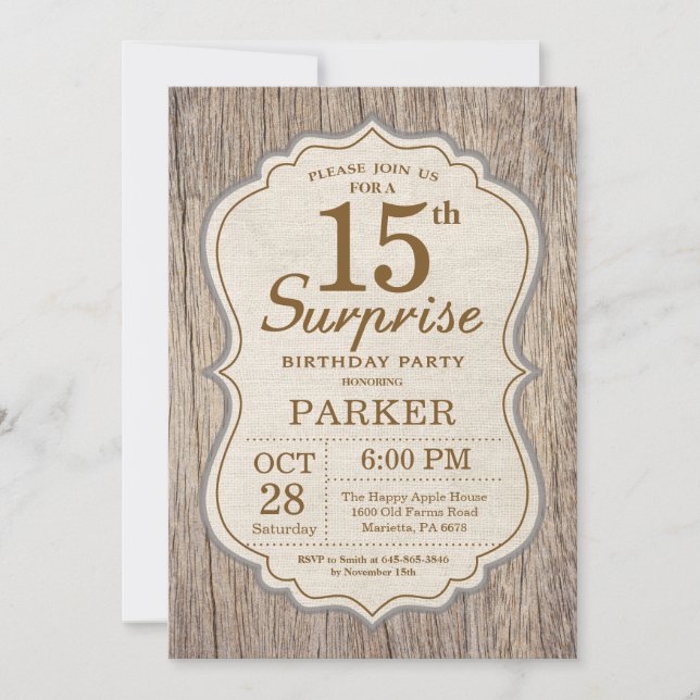 Rustic Surprise 15th Birthday Invitation Wood (Front)