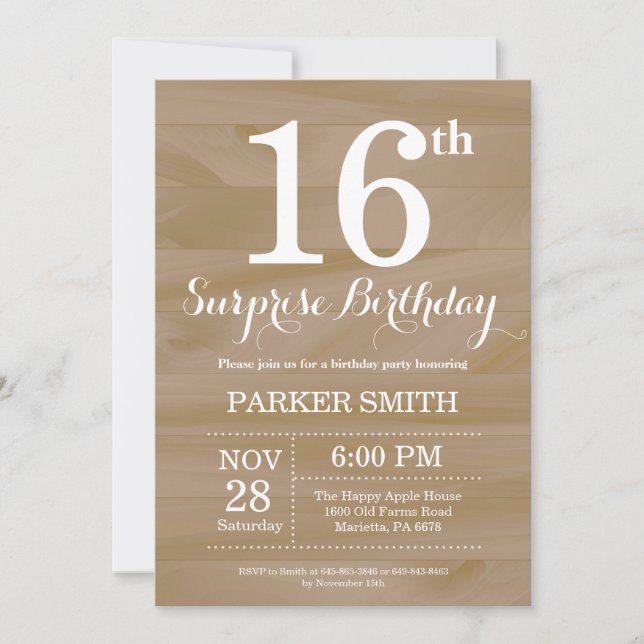 Rustic Surprise 16th Birthday Invitation (Front)