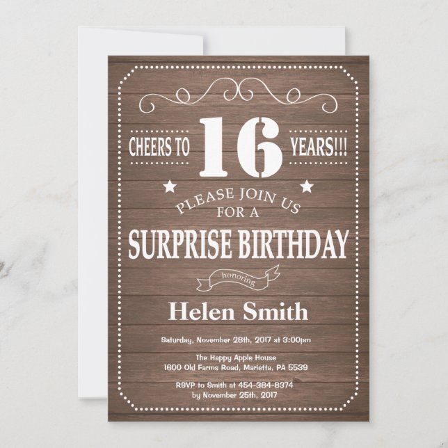 Rustic Surprise 16th Birthday Invitation (Front)