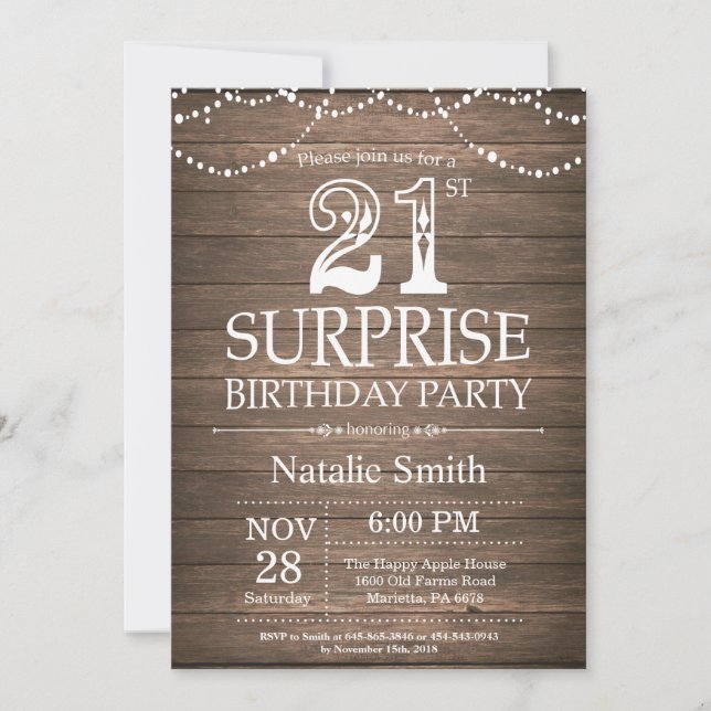 Rustic Surprise 21st Birthday Invitation (Front)