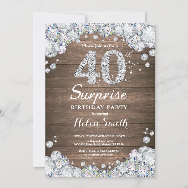 Rustic Surprise 40th Birthday Diamond Invitation (Front)
