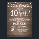 Rustic Surprise 40th Birthday Invitation Wood<br><div class="desc">Rustic Surprise 40th Birthday Invitation Wood Background with String Lights. 13th 15th 16th 18th 20th 21st 30th 40th 50th 60th 70th 80th 90th 100th, Any age. Adult Birthday. Woman or Man Male Birthday Party. For further customization, please click the "Customize it" button and use our design tool to modify this...</div>