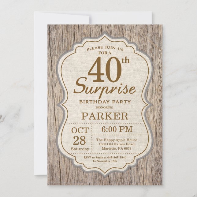 Rustic Surprise 40th Birthday Invitation Wood (Front)