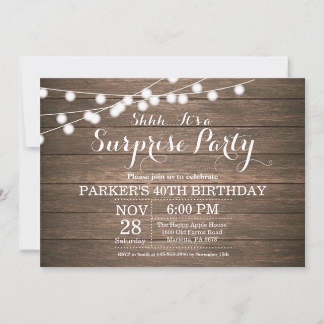 Rustic Surprise 40th Birthday Invitation Wood (Front)