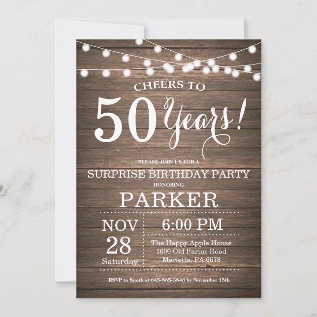 Rustic Surprise 50th Birthday Invitation Wood (Front)
