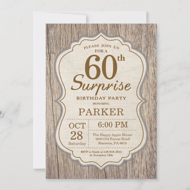 Rustic Surprise 60th Birthday Invitation Wood (Front)