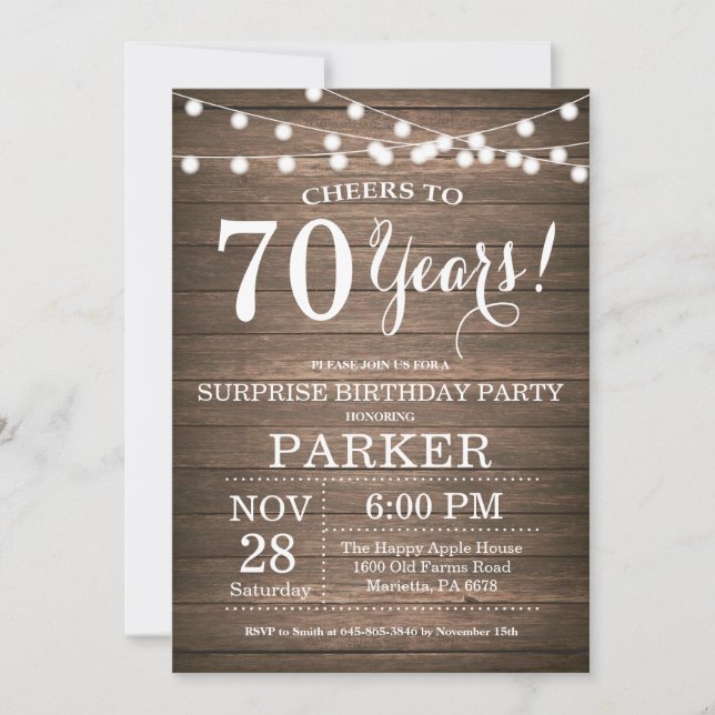 Rustic Surprise 70th Birthday Invitation Wood (Front)