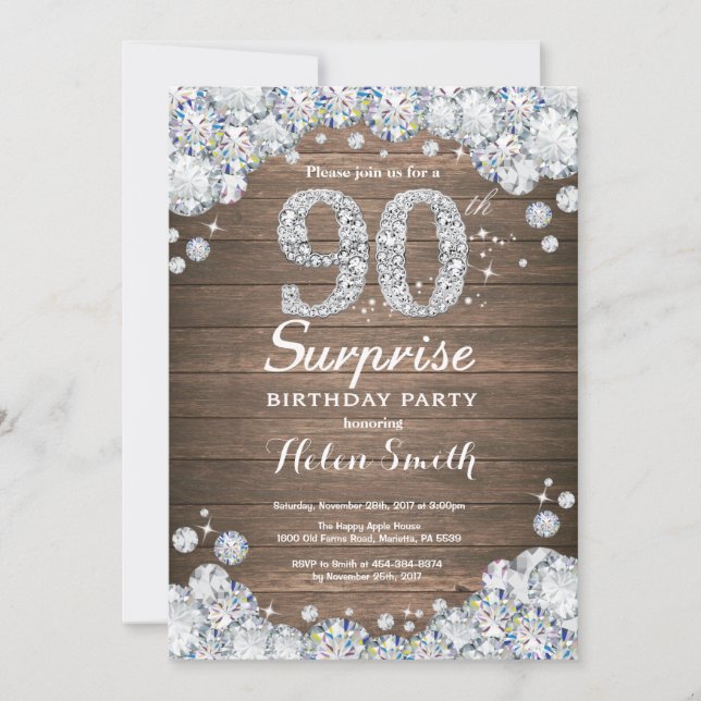 Rustic Surprise 90th Birthday Silver Diamond Invitation (Front)